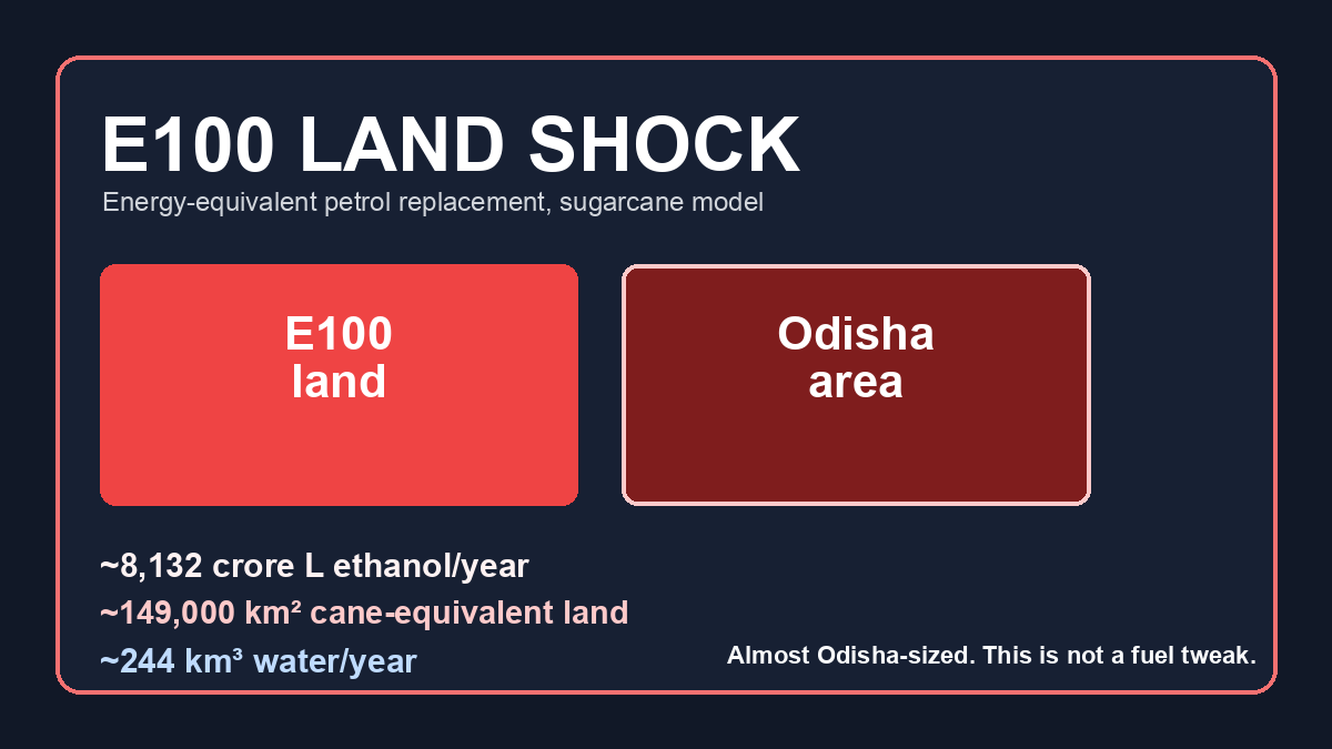 E100 shock chart comparing energy-equivalent E100 to Odisha-sized cane-equivalent land and annual water demand.